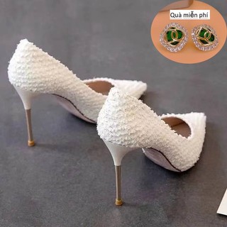 Giày cao gót lưới màu đỏ nữ xuân hè mới phong cách Hàn Quốc mũi nhọn mũi nhọn nhỏ tươi bé gái thời trang all-matc