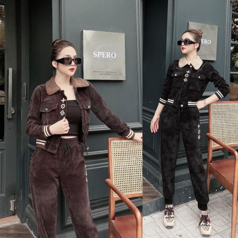 Bộ nhung cao cấp, sét nhung nữ 2 màu nâu/ đen full size 45-65kg