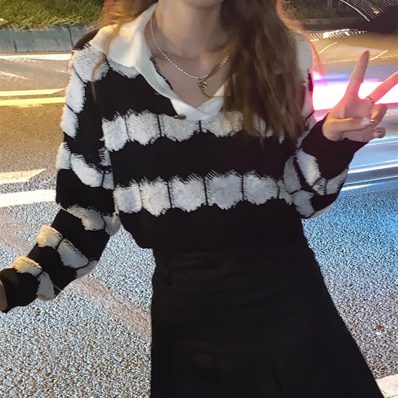 IELGY Áo Len Chui Đầu Họa Tiết Kẻ Sọc Màu Sắc Tương Phản Phong Cách Hàn Quốc Cho Nữ