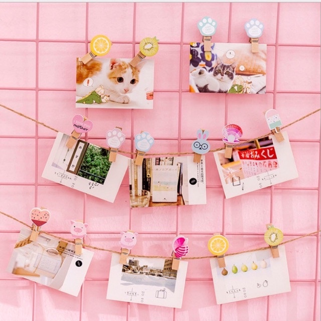 Set 10 Kẹp gỗ mini xinh xắn kèm dây treo 2m