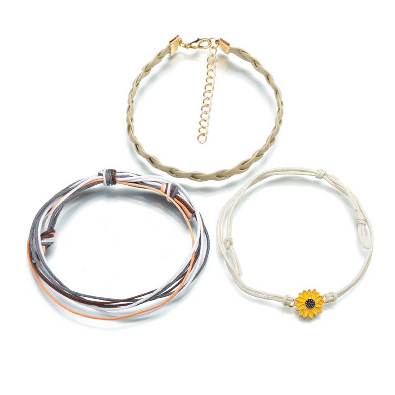 Bộ 3 Vòng Tay Dây Da Bện Mặt Hoa Hướng Dương Nhiều Màu Phong Cách Bohemian JP5