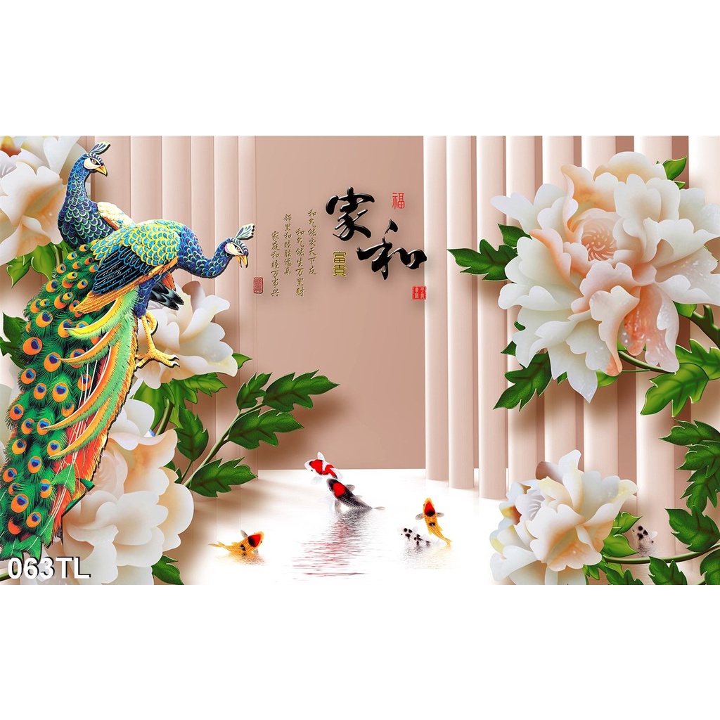 Tranh dán tường Trang Trí Phòng Ngủ Con Công 3d độc lạ - 063TL- có in kích thước theo yêu cầu
