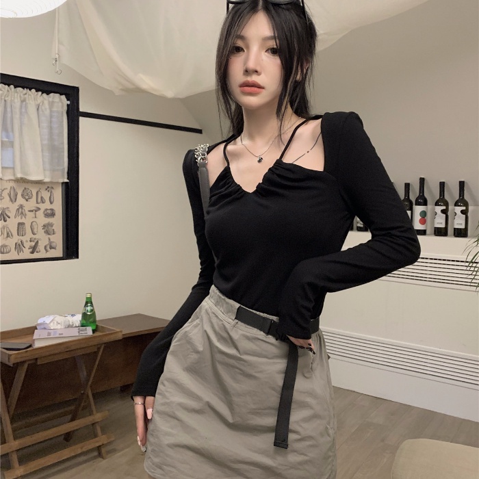 SUXI Áo Croptop Tay Dài Cổ Chữ V Màu Sắc Đơn Giản Cho Nữ