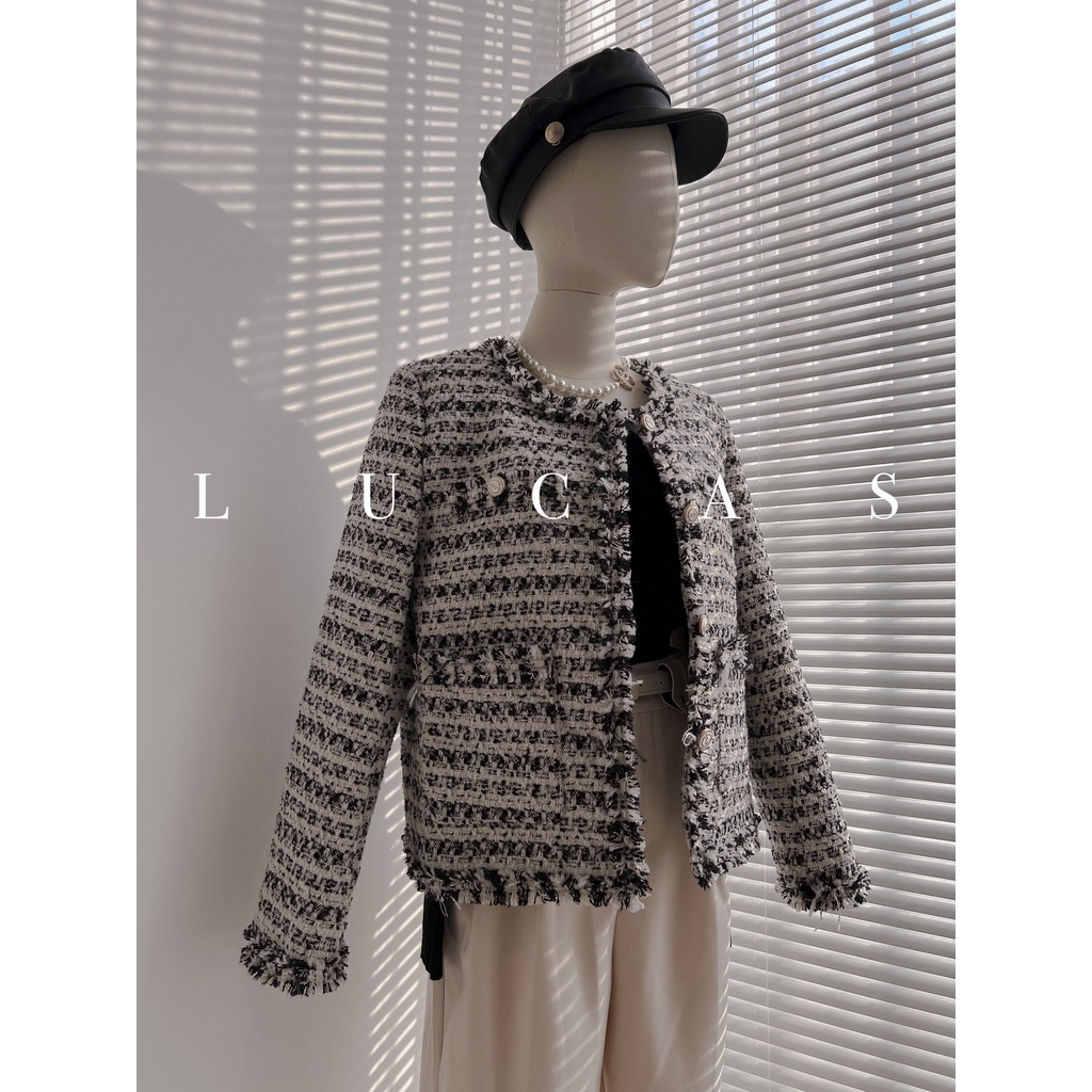 Áo khoác dạ tweed aiyilei cổ tàu viền tua rua tay dài 4 túi