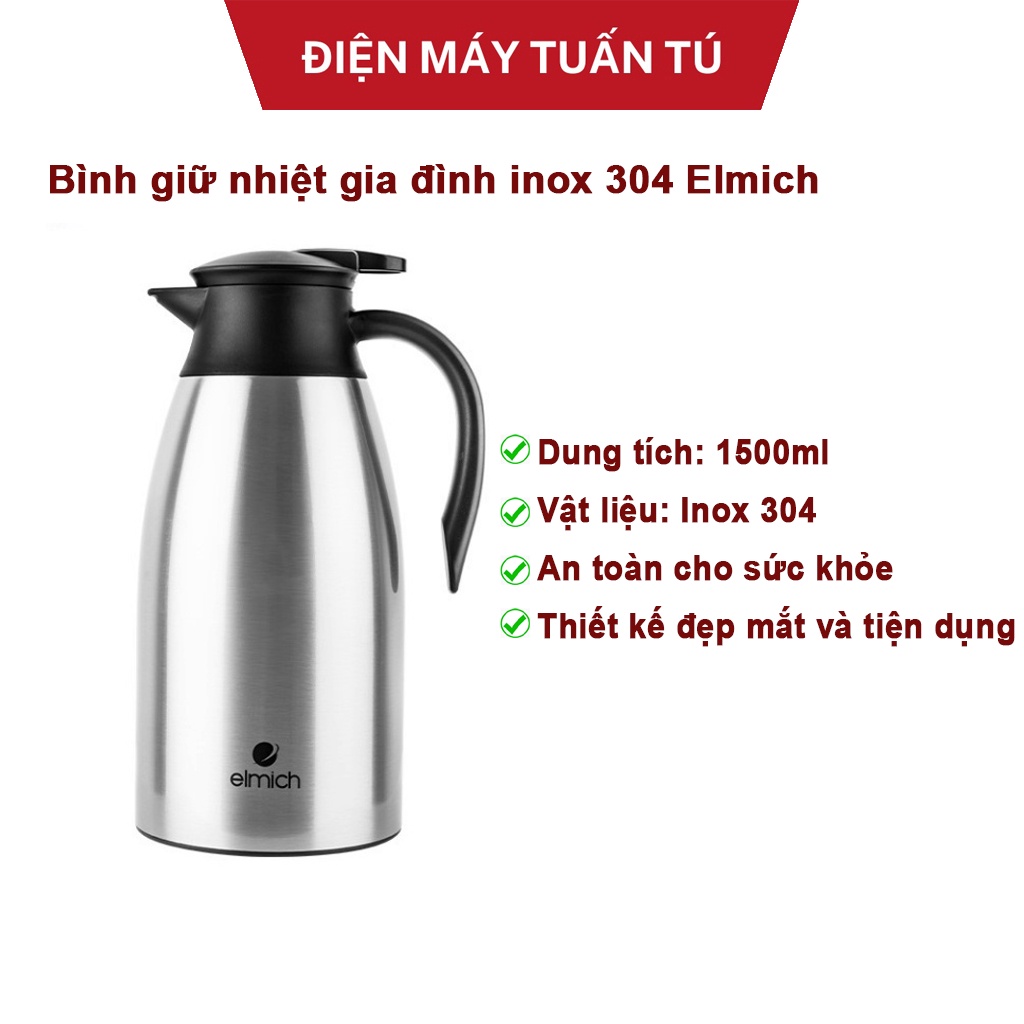 Bình phích giữ nhiệt gia đình inox 304 Elmich EL-3689 thể tích 1500ml, HÀNG CHÍNH HÃNG