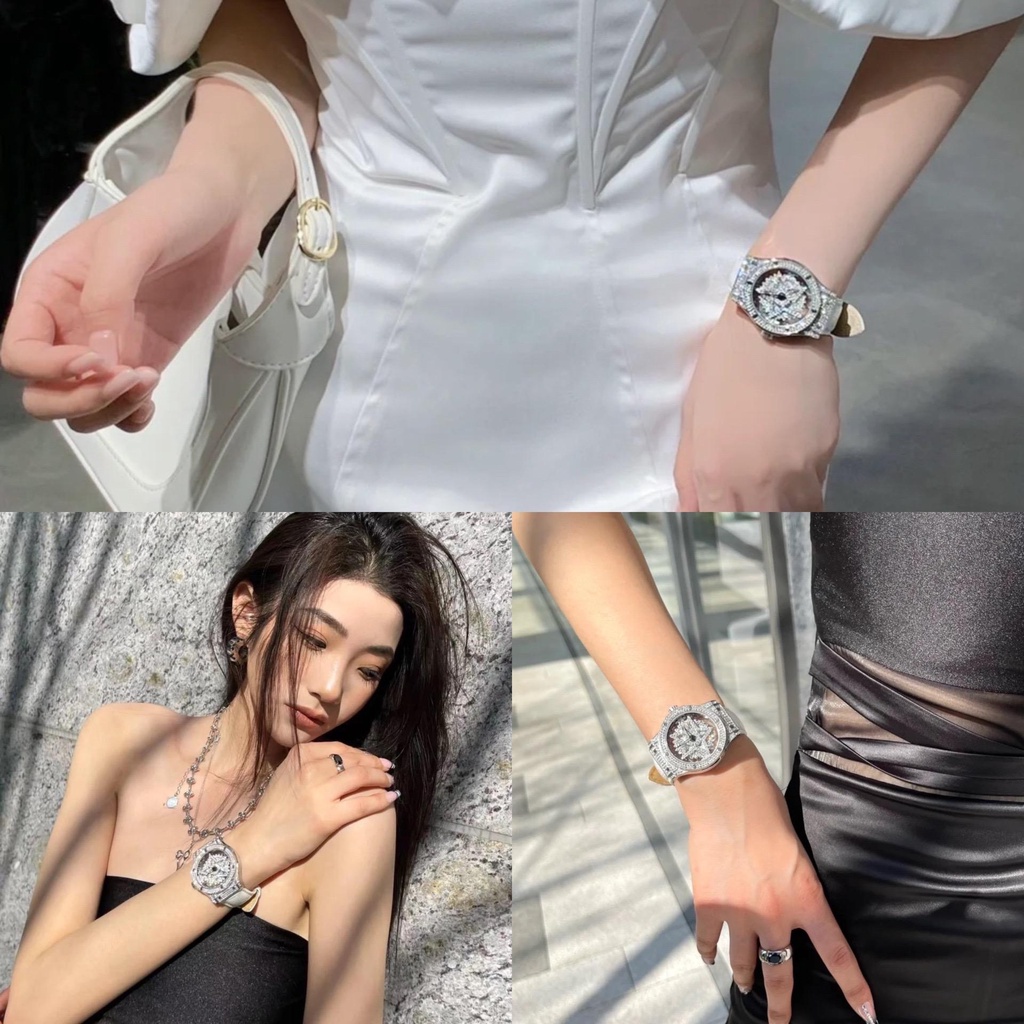 Đồng Hồ Nữ Xoay 360 Độ SX16 Dây Da Mặt Đính Đá Lấp Lánh