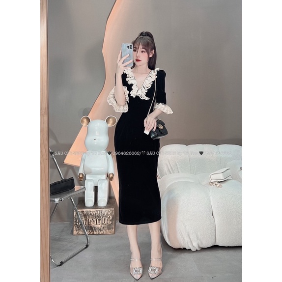 VÁY NHUNG ĐEN BODY CỔ V BÈO PHỐI REN 2 SIZE