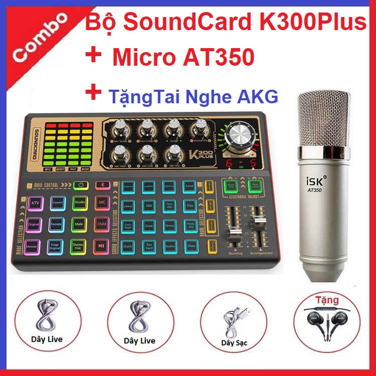 Combo SoundCard K300 Plus, Bluetooth AutoTune, Tặng Tai Nghe AKG, Micro Thu Âm AT350 - Bộ Hát Livestream - Chơi Karaoke