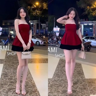 Set áo ống đỏ nhung cúp ngực peplum phồng xòe xếp ly + Chân váy đen