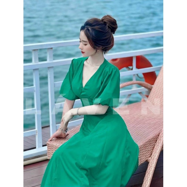 Đầm thời trang nữ mặc đi chơi sang chảnh chất lụa có mút ngực tay phồng áo hở sau lưng thắt nơ cổ chữ V