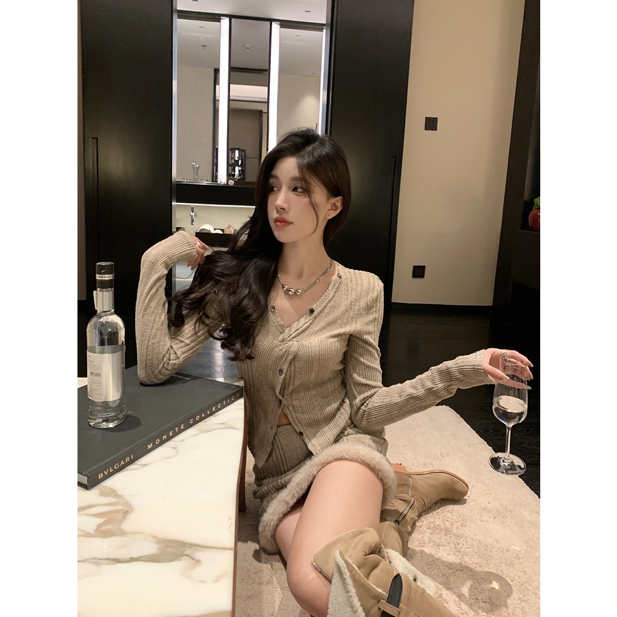 ZHELIHANGFEI Bộ Áo Cardigan Dài Tay Cổ Chữ V + Chân Váy Ngắn Lưng Cao Thời Trang Nữ Tính