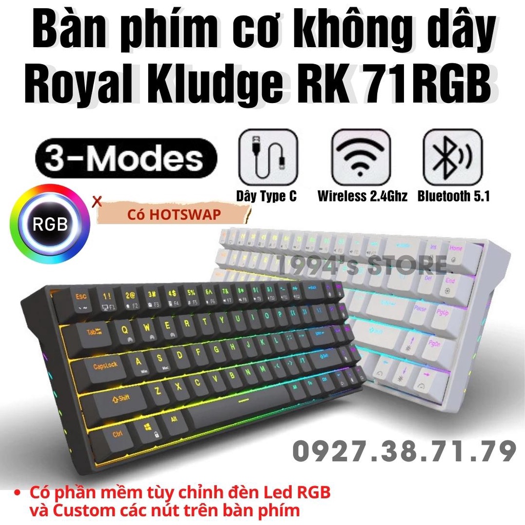 RK71 HOTSWAP - Bàn phím cơ không dây RK71 Ver.4 - Bluetooth 5.1 - Wireless 2.4Ghz - Phần mềm Custom bàn phím và Led RGB