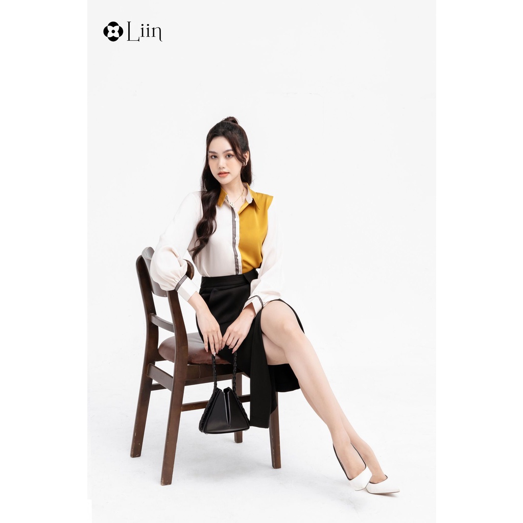 Áo lụa vàng phối nâu thanh lịch trẻ trung công sở Liin Clothing SM4700