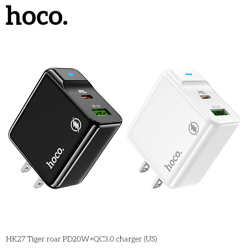 Cốc sạc 2 cổng USB Hoco HK27 chân dẹp QC3.0 18W và Type-C PD20W - Hãng phân phối