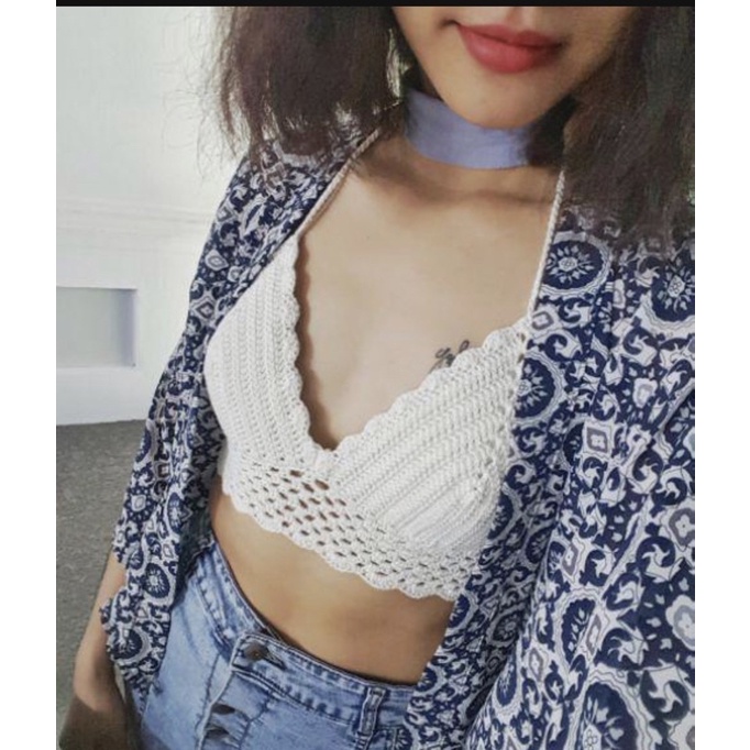 Croptop len móc dáng cúp tôn ngực Bra len móc