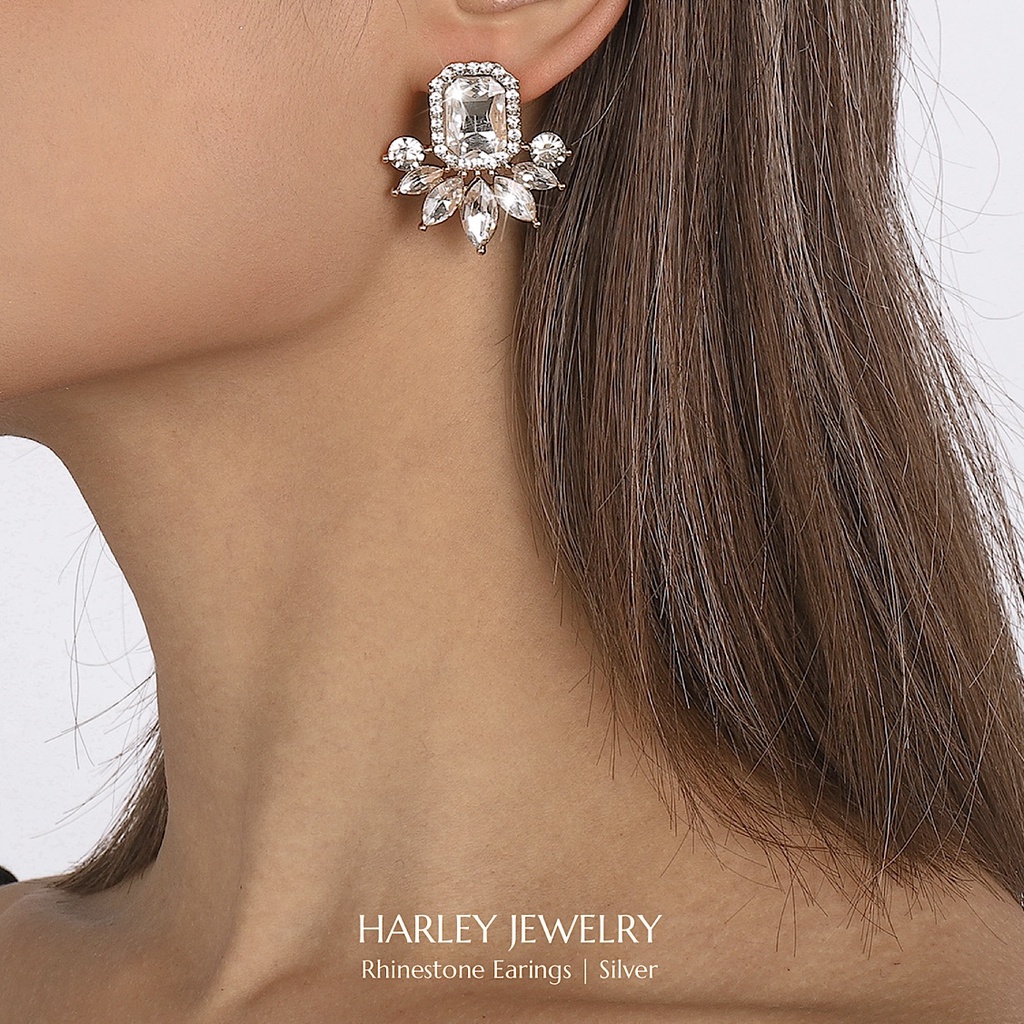 Bông tai đi tiệc đính đá mà bạc hình bông hoa, ✨ phong cách sang trọng, thanh lịch ✨ Harley Jewelry