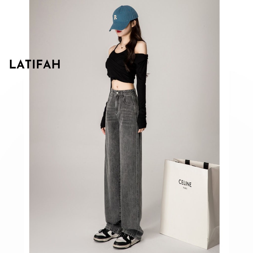 Quần baggy jeans nữ LATIFAH ống rộng đơn giản màu Xám dài 98cm phong cách năng động trẻ trung QD255