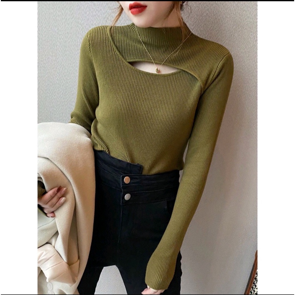 Áo len nữ Hàn Quốc tay dài, áo len nữ cổ lọ khoét ngực lên dáng tiểu thư, gợi cảm, gây sự chú ý Anh Dungshop LEN01
