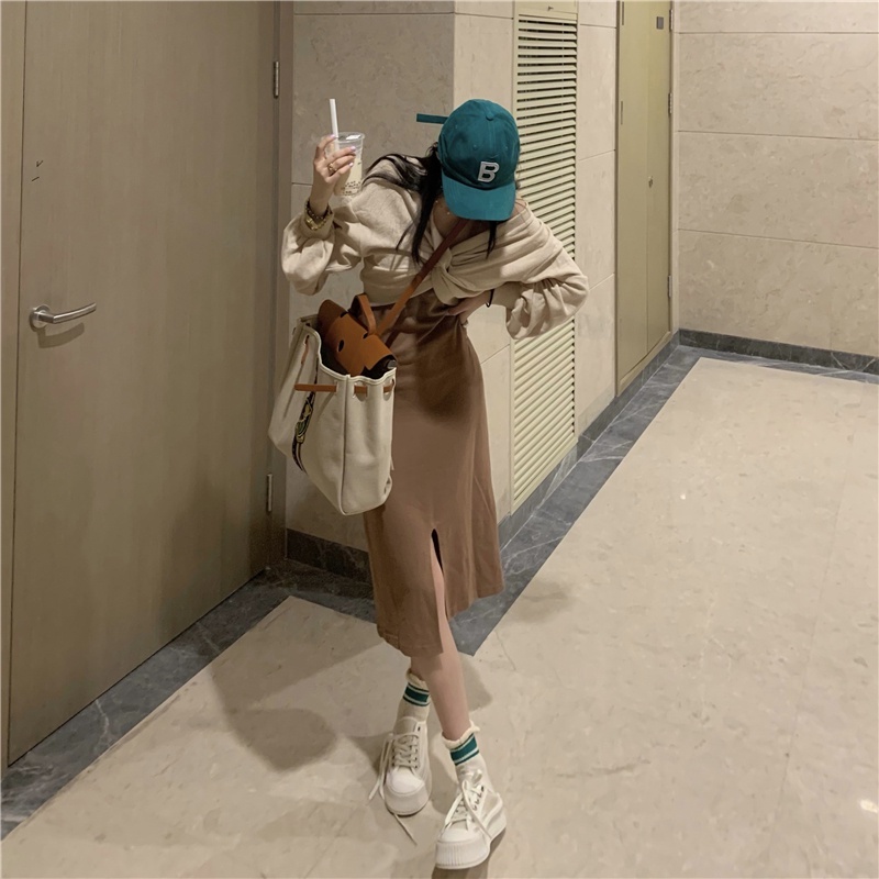 Sét áo nỉ tay dài kèm đầm dài bên trong , áo len tay dài phối đầm maxi thun dài thu đông