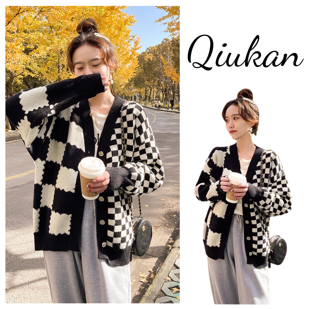 Khoác len nữ kẻ ô phối cá tính, Áo cardigan kẻ caro phong cách Hàn Quốc