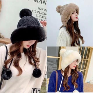 Mũ len thừng phối lông dây quả bông
