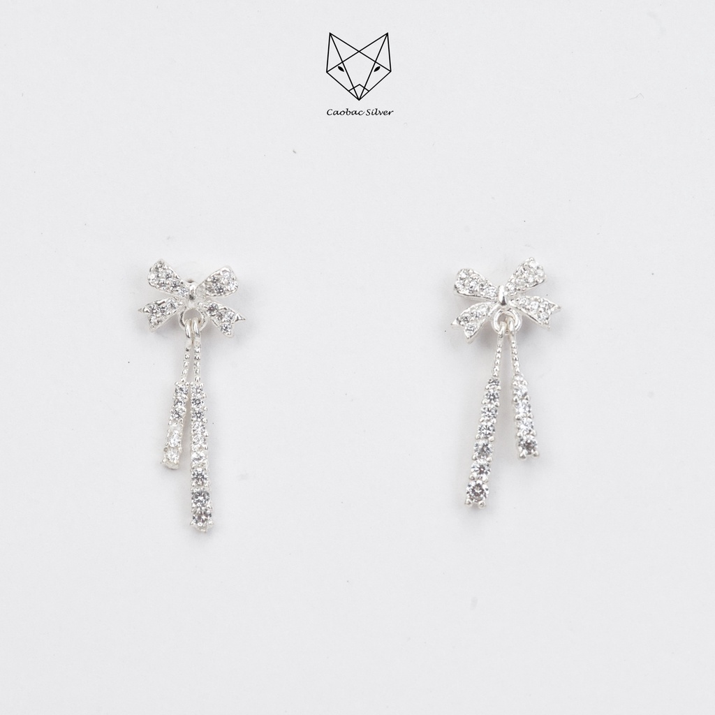 Khuyên Tai Bạc Ta Nữ CaoBac Silver Hình Nơ Sợi Đá Dài Đá Ngắn Đính Đá Lấp Lánh Xinh Xắn, Dễ Thương Món Quà Cho Bạn Nữ