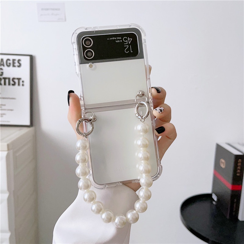 Ốp Điện Thoại Trong Suốt Chống Sốc Có Dây Đeo Ngọc Trai Thời Trang Cho Samsung Galaxy Z Flip 4 3 5G Z Flip3 Flip4
