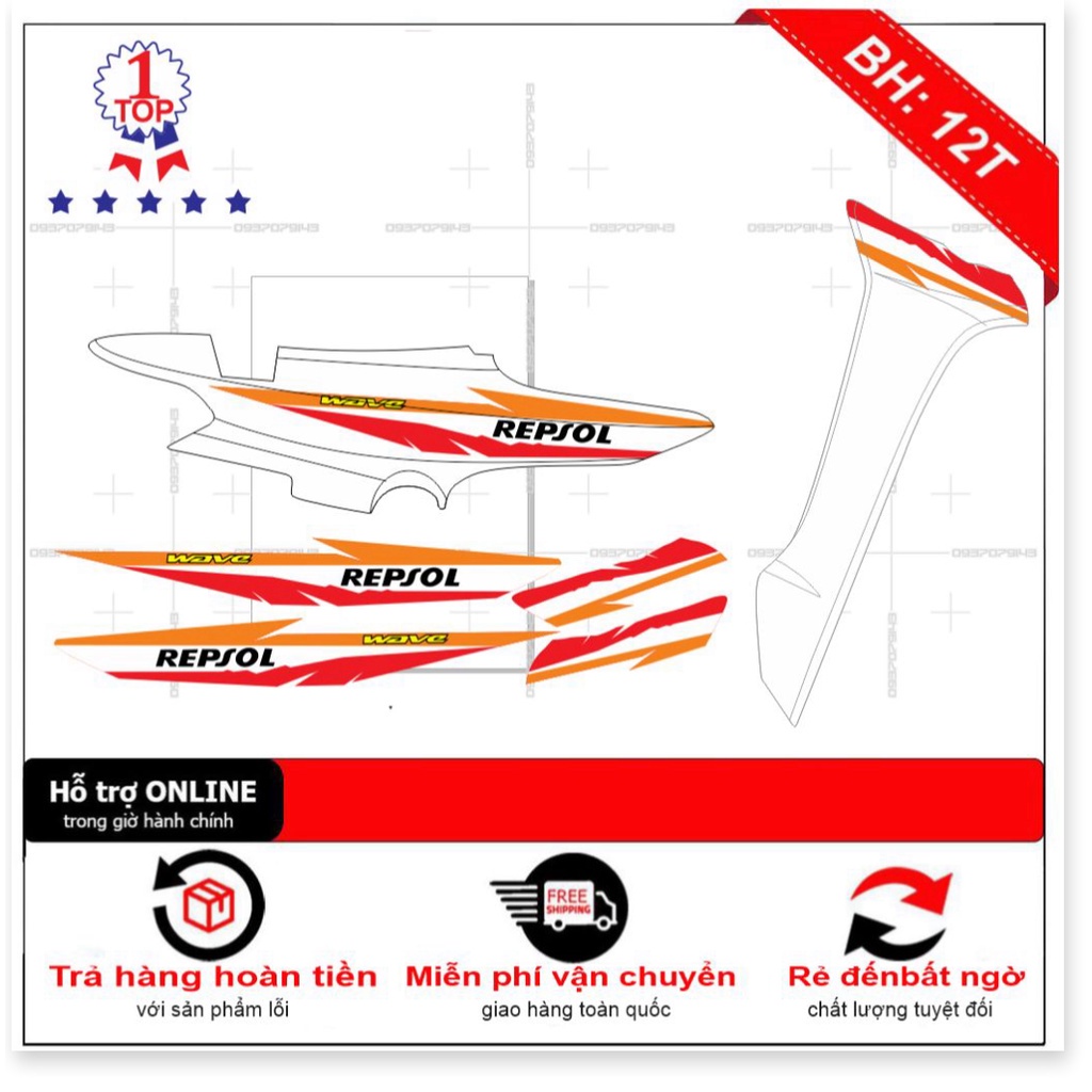 DECAL PVC 5 LỚP CHẤT LƯỢNG CAO Tem rời wave lớn 17 Repsol trắng