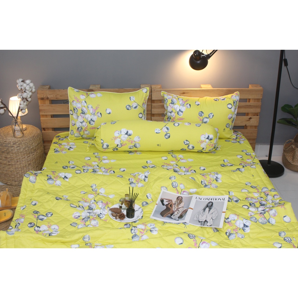 Bộ drap gối KHA LY - cotton thiên nhiên - Lá Tròn-Vàng - VN314