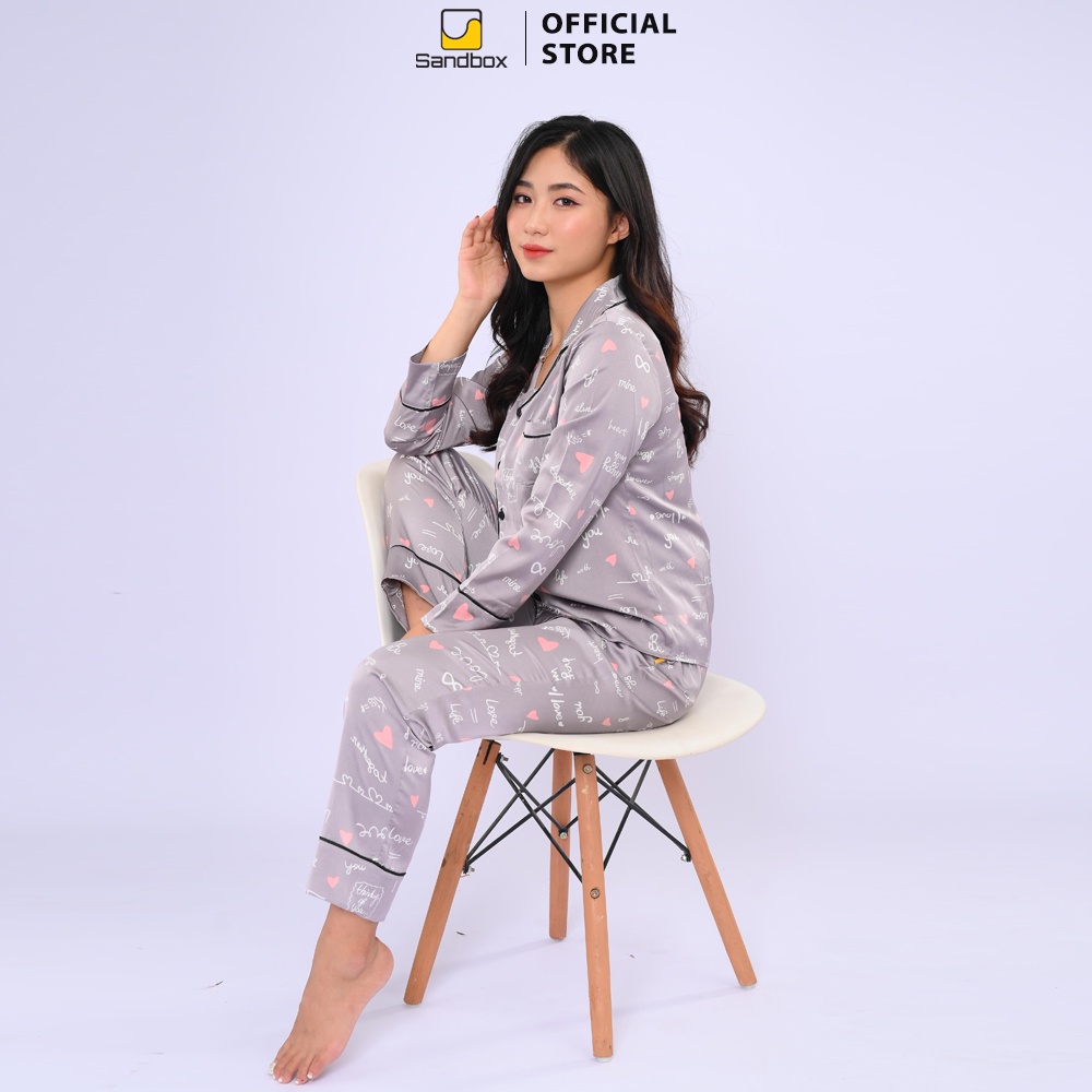 Bộ Đồ Nữ Pijama Dài Tay Mặc Nhà SANDBOX Lụa Satin Nhật Cao Cấp Họa Tiết Tim Trẻ Trung,Trendy