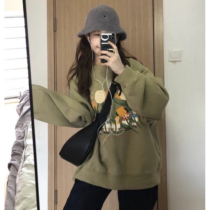 Áo sweater xanh bé và hoa Unisex  Nỉ form rộng tay dài kiểu dáng vintage cá tính đường phố peonyb ulzzang