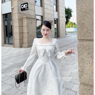 ✨BÁN SỈ✨Đầm xốp trắng cổ vuông dây ngọc