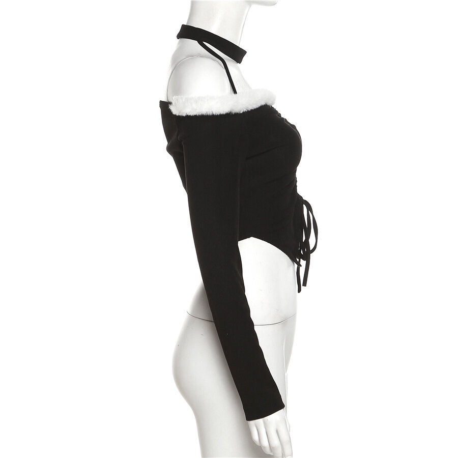 Weird Puss Áo Croptop Trễ Vai Tay Dài Phối Lông Thời Trang Quyến Rũ Cho Nữ
