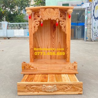 Bàn thờ Thần Tài Thổ Địa gỗ xoan ngang 48cm lọng vàng