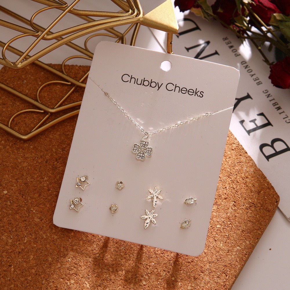 [L2M] SET 5 MÓN gồm dây chuyền mặt CỎ BỐN LÁ và 4 cặp bông tai thời trang phong cách Hàn Quốc sang trọng may mắn