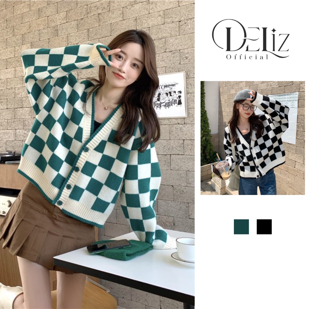 Áo khoác cardigan len dáng ngắn DELIZ, áo khoác len croptop kẻ caro ulluzang