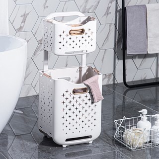 Giỏ đựng quần áo bẩn treo đồ giặt đa năng gấp gọn có quai xách nhựa ABS cứng size lớn 2 tầng kèm bánh xe di chuyển