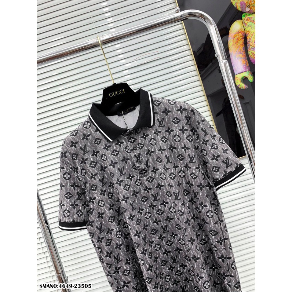 Áo Polo Nam LV Loang Vải Mát Mịn - Áo Phông Cổ Bẻ Nam Logo Hoa Đen Viền Trắng