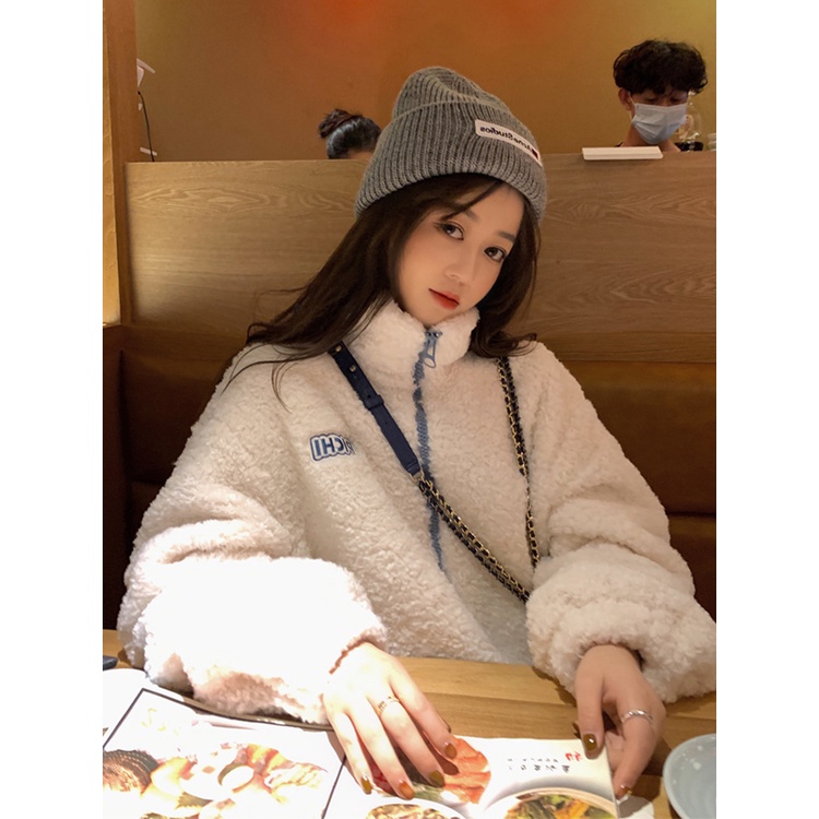 Áo Khoác Cardigan Len Lông Cừu Dày Dặn Dáng Rộng Cổ Đứng Kiểu Hàn Quốc Thời Trang Mùa Đông Ấm Áp Cho Nữ