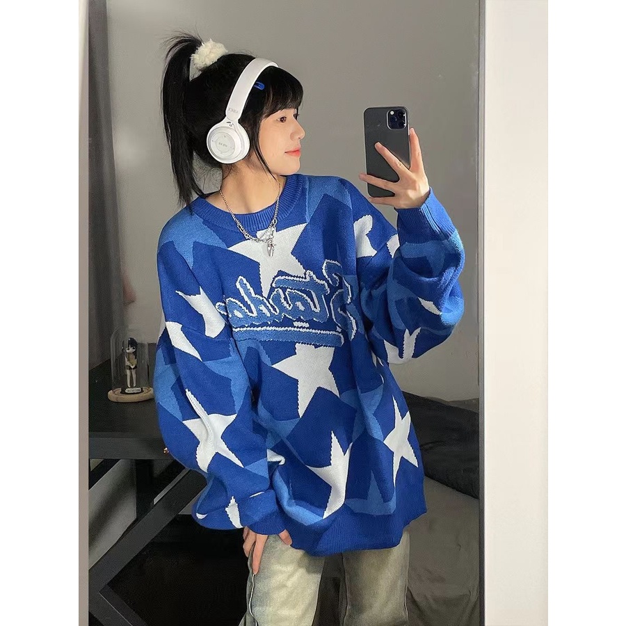 Áo Sweater Dệt Kim Cổ Tròn Dáng Rộng In Hình Ngôi Sao Thời Trang Thu Đông Hàn Quốc Cho Nữ