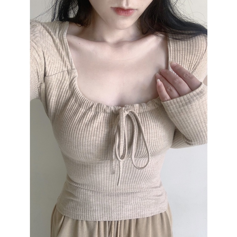 Áo Thun Tay Dài Cổ Vuông Cột Dây Màu Hồng Thời Trang Trẻ Trung