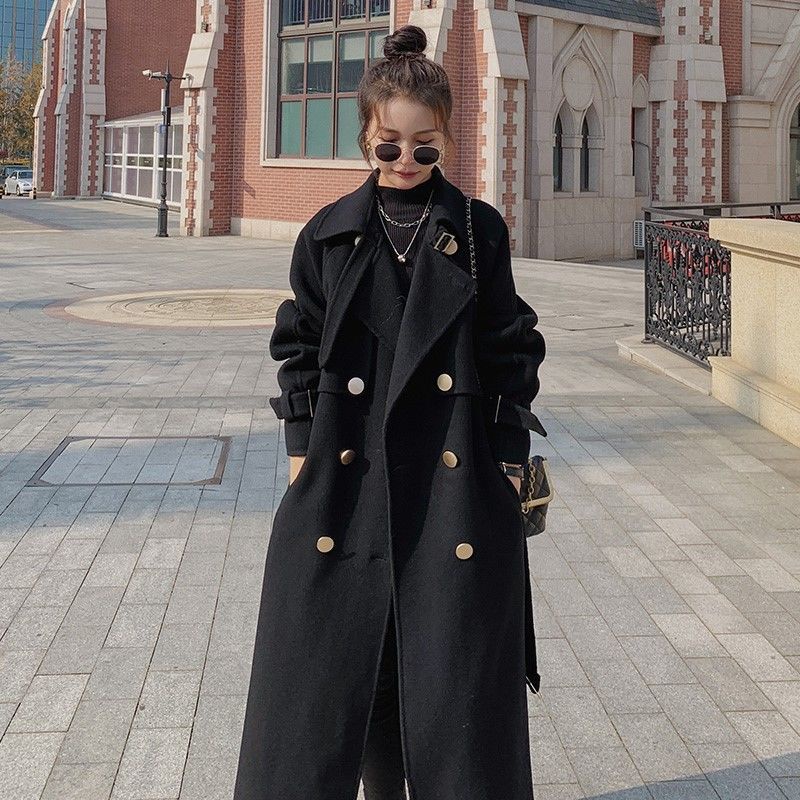 Áo Khoác Len Đen Dài Qua Gối Phong Cách Hepburn Cao Cấp Cho Nữ