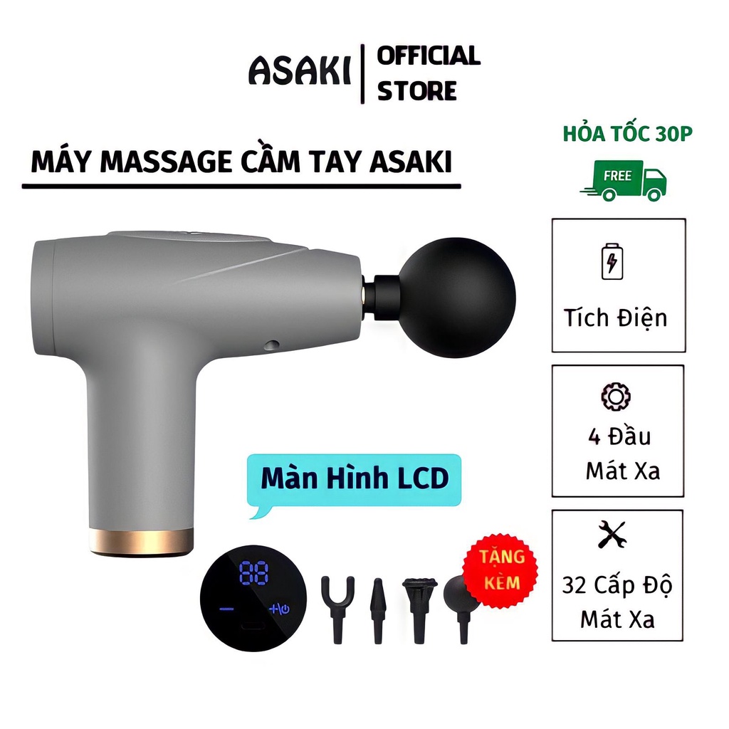 Máy Mát Xa Cổ ASAKI Súng Massage Cầm Tay 4 Đầu 32 Cấp Độ Cao Cấp