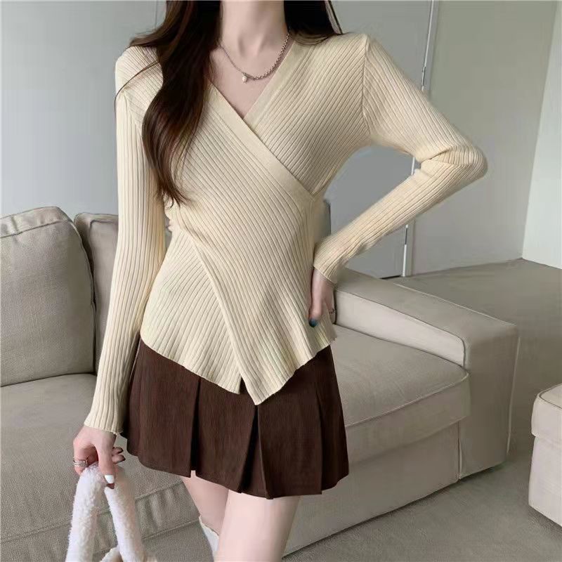 [Giao Ngay] Áo Sweater Đen Tay Dài Cổ Chữ V Chéo Màu Trơn Dáng Ôm Thời Trang Mùa Xuân Mới Cho Nữ