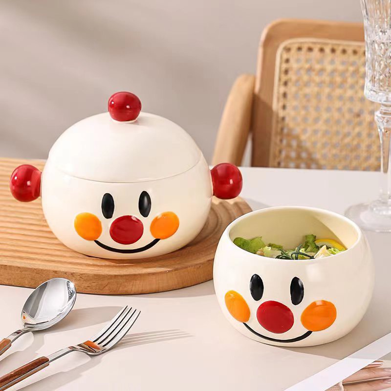 Bộ đồ ăn uống, cốc chén đĩa bằng gốm sứ hình dáng tròn ngộ nghĩnh và hoạ tiết Anpanman hoạt hình mặt cười dễ thương
