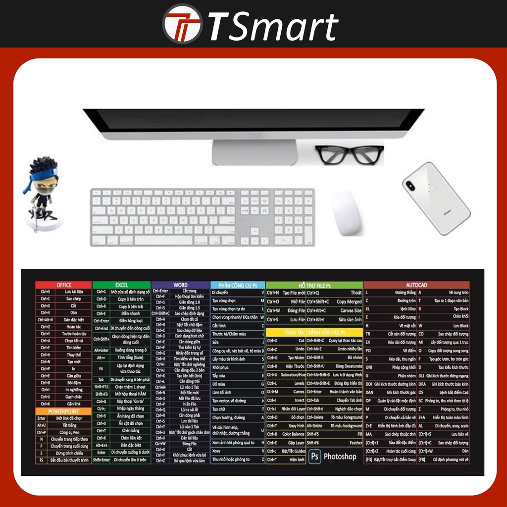 Lót chuột phím tắt văn phòng cỡ lớn, 70x30, 80x30, 90x40, phím tắt Office, Powerpoint, excel, word, photoshop