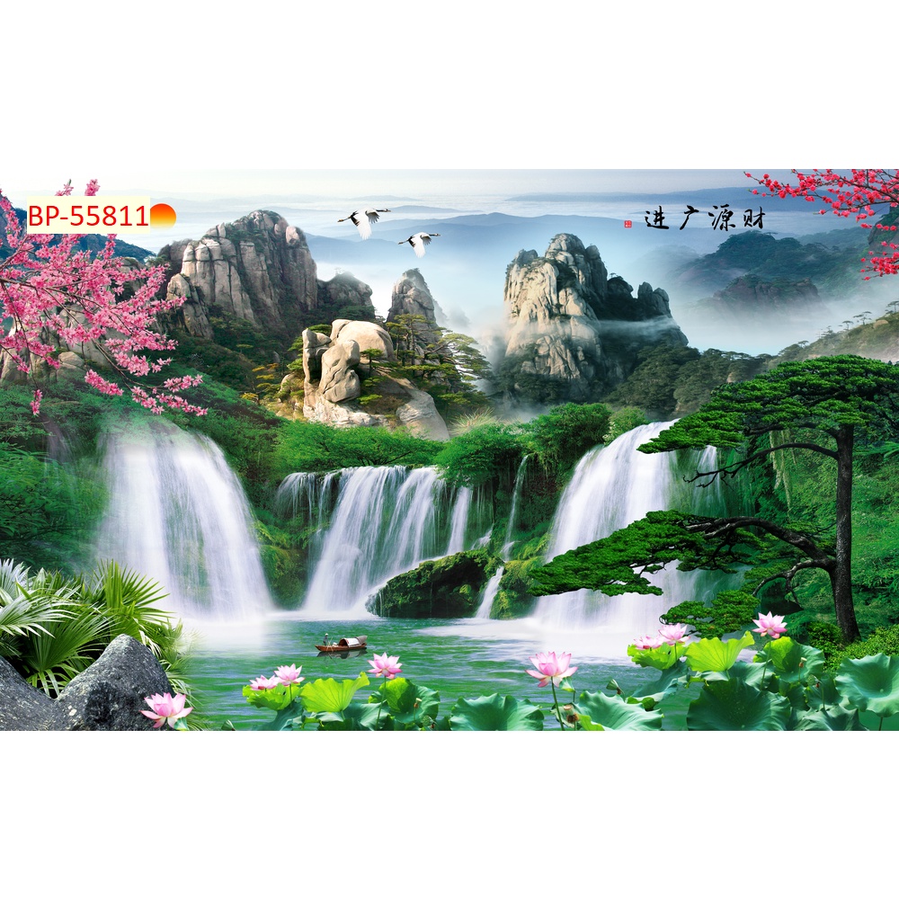 Tranh dán tường Sơn Thủy 3D Cao Cấp Tặng Keo Dụng Cụ Dán