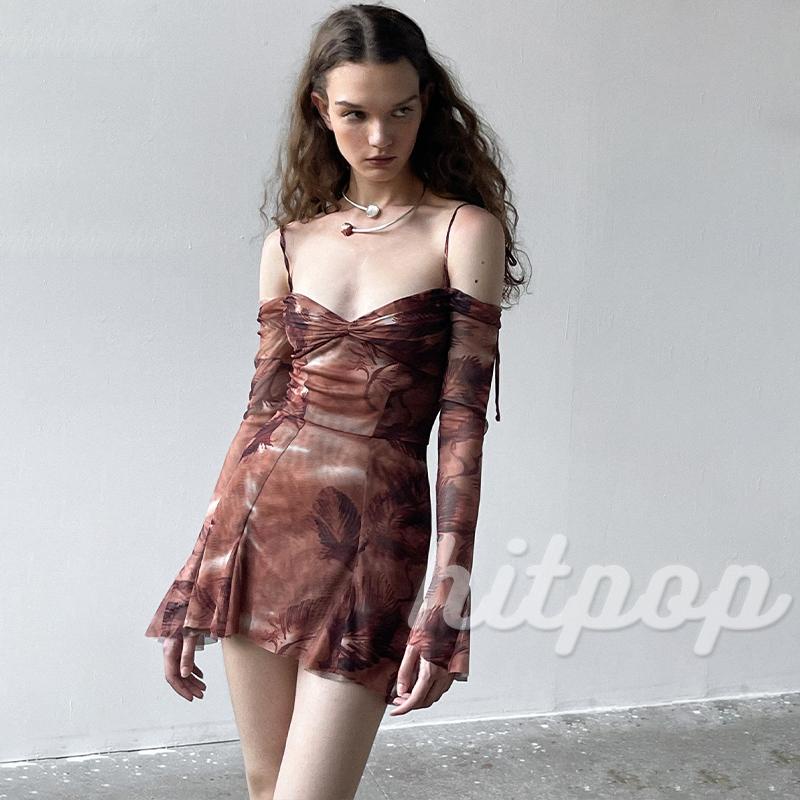 Đầm Tay Dài Hở Lưng Dạng Lưới In Họa Tiết Vintage Dành Cho Nữ