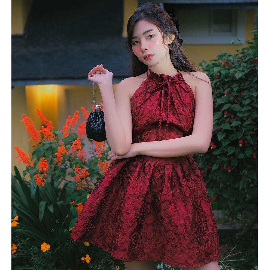 Đầm gấm xoè Shebyshj cổ yếm màu đỏ - Melody Dress