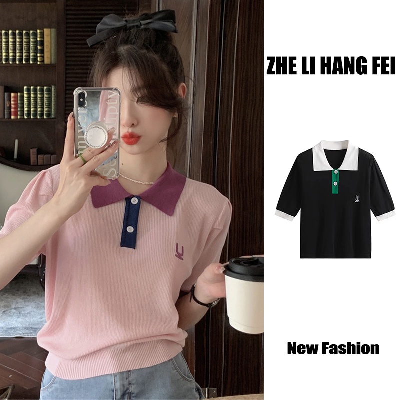 Áo thun polo ZHELIHANGFEI dệt kim ngắn tay dáng rộng thêu họa tiết dễ thương thời trang